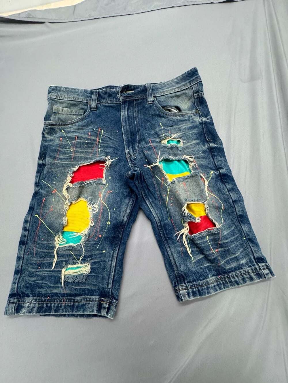 Original Switch Premium Denim Shorts Size 34 Blue Distressed Paint Splatter